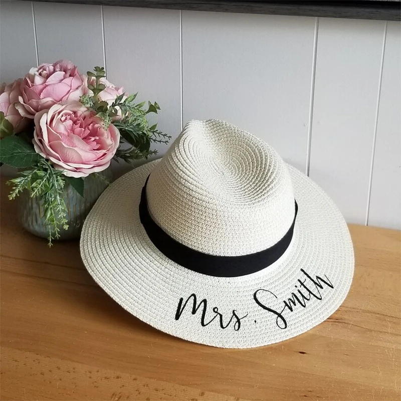 Personalised Straw Hat Beach Wedding Bachelorette hen Party Bridal Shower honeymoon decoration Mrs Bride wifey Bridesmaid gift