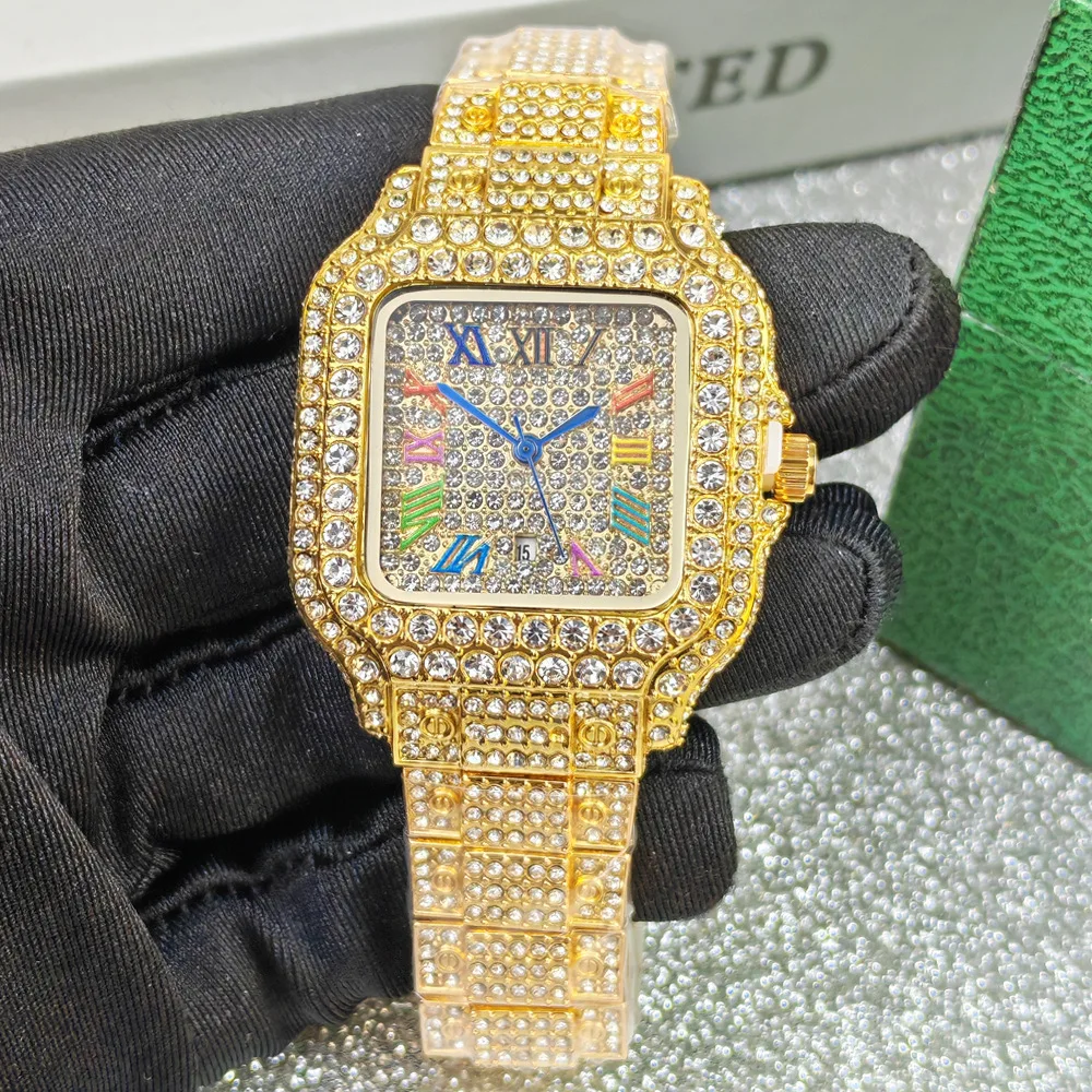 Color Dial Hot Selliing Exquisite Compact 36mm Diamond Quartz Watch for Women Luxury Square Hip Hop Ice Out Jewelry Ladies Clock