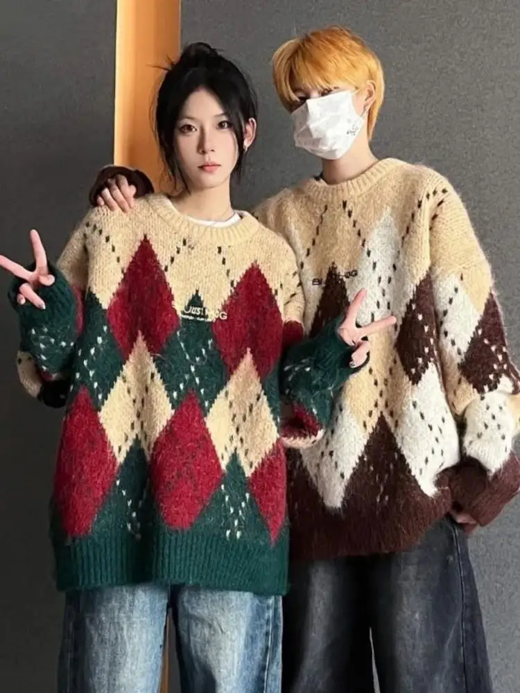 

loween Diamond Design Loose Couple Sle Women's Knitted Sweater Autumn Winter Fluffy Overhead Top Lazy Knitwear