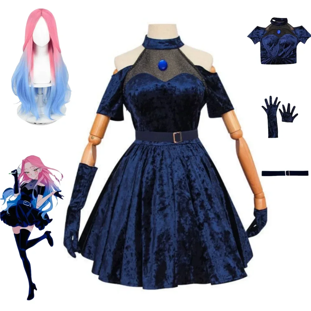 Disfraz de Cosplay Mizi 2026, Disfraz de Anime Alienígena, Disfraz de Escenario con Cabello Largo en Degradado Rosa, Azul y Morado, Vestido de Terciopelo