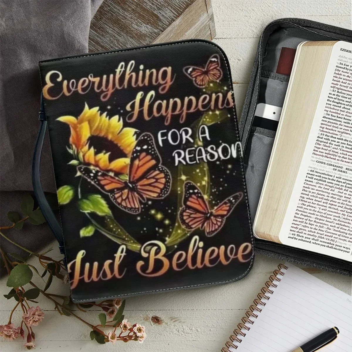 

Кожаные сумки с растениями и подсолнухом для женщин, сумка для Библии, чехол для переноски с бабочкой, ручка на молнии, коробка для хранения священных учебных книг, подарок, хит продаж