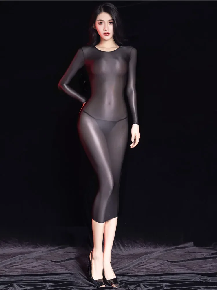 高弾性整形女性のペンシルドレスセクシーなオイル光沢のある薄手の透明なボディコンワンステップドレス Ngihtclub パーティーロングドレス