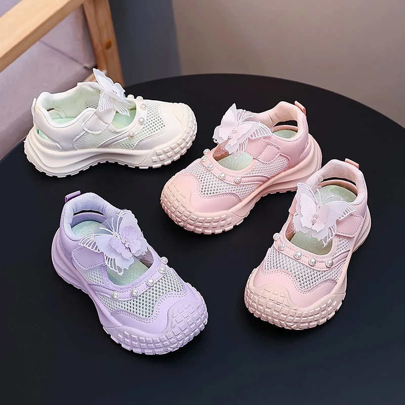 

Girls' Sandals Princess Shoes 2026 New Summer Pearl Butterfly Kids Girl Casual Shoes With Soft Sole And Hollow Mesh Design