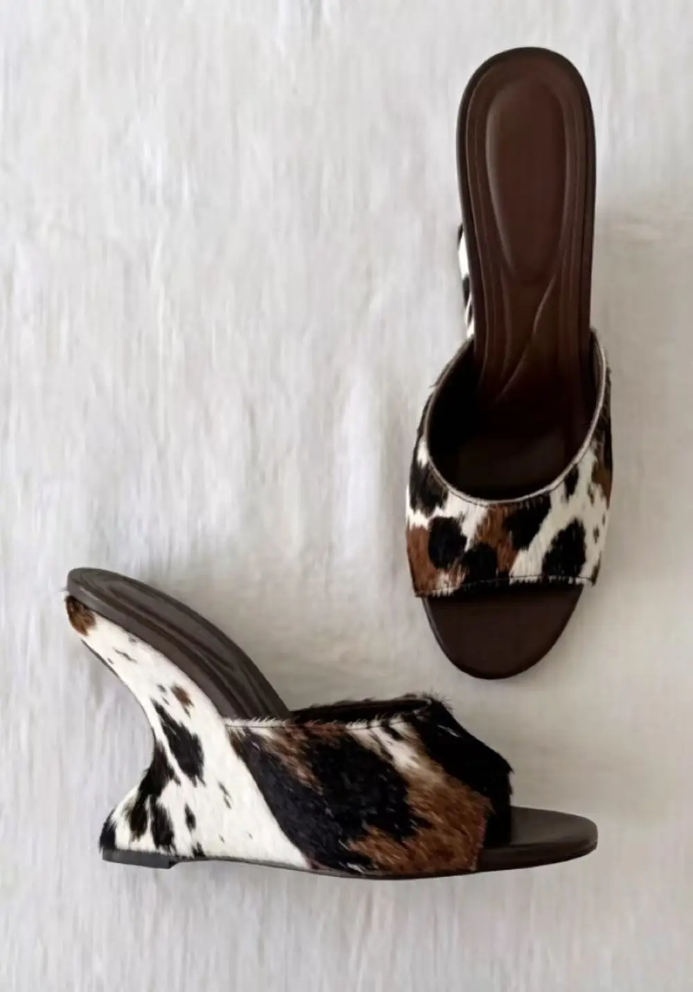 Cow Print Calf Hair Wedge Sandals Open-Toe Slip-On Design Curved Heel Mixed Brown Black Fur Texture Retro Western Style Footwear