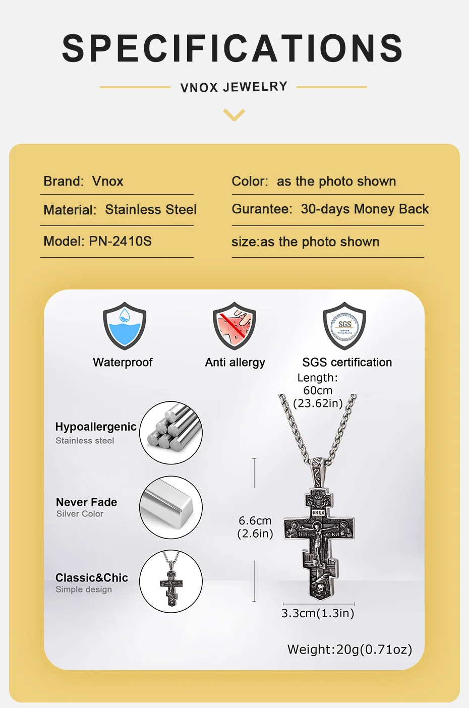 Vnox Herren Orthodoxe Kreuz-Halskette Edelstahl Russisches Jesus-Kruzifix-Anhänger Religiöses Amulett Kette Schmuck Geschenk für Ihn – Detail 4