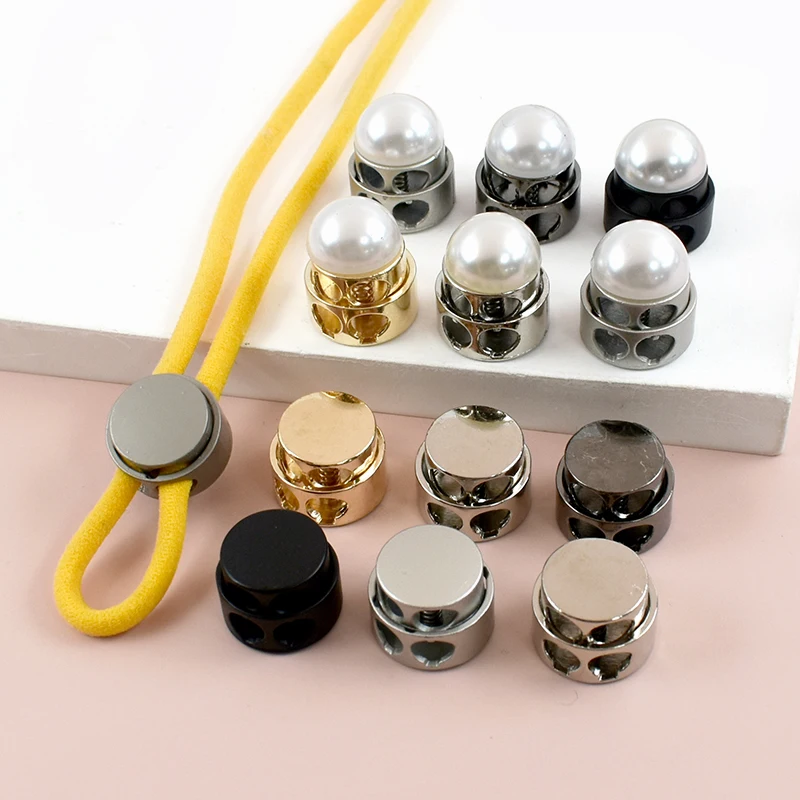 

10Pcs Stopper Metal Buckles Pearl Double Hole Spring Snap Button Elastic Adjustment Cord Lock DIY Hat Rope End Decoration Buckle
