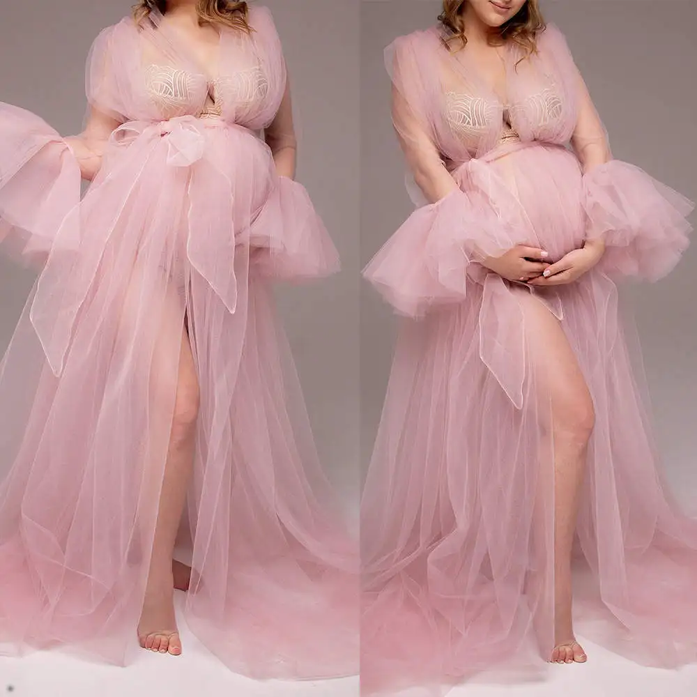 

Sexy Tulle Prom Dresses For Maternity Photo Shoot Front Slit Open Sleeveless Ruffles Custom Made Party Formal Babyshower