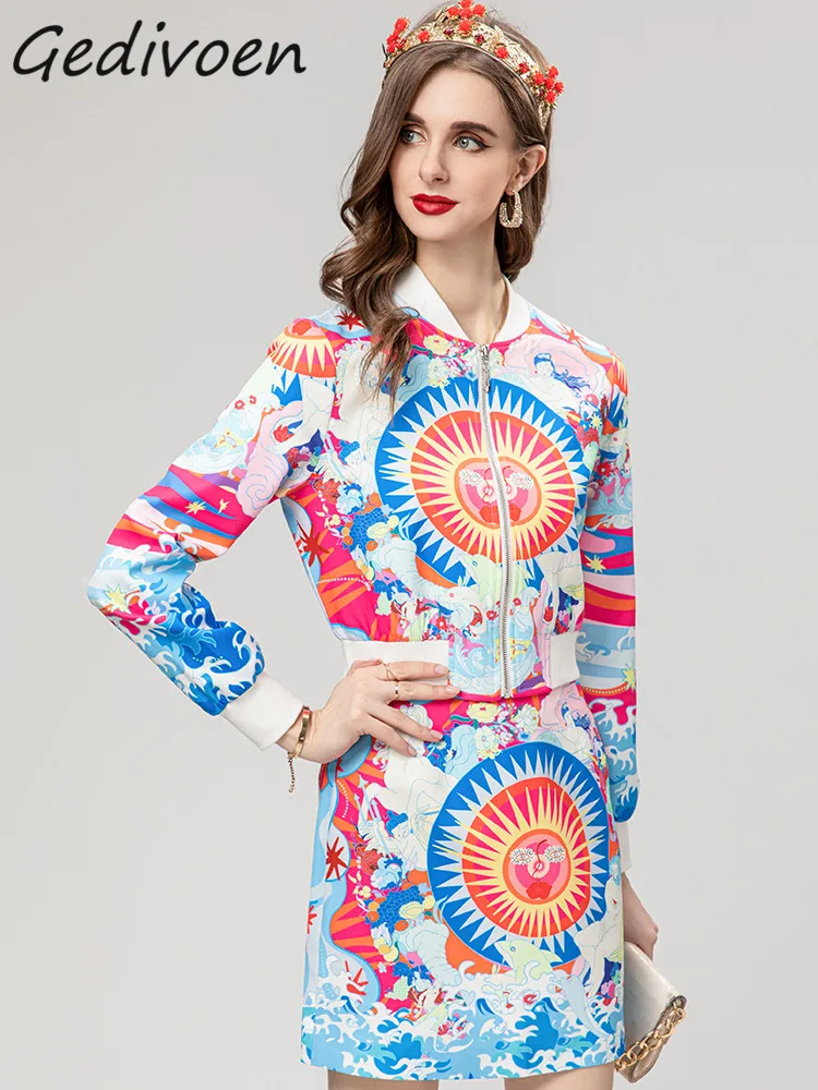 

Gedivoen Spring Fashion Designer Vintage Print Skirt Set Women Stand Collar Slim Jacket+Mini Package Buttocks Skirt 2 Pieces Set