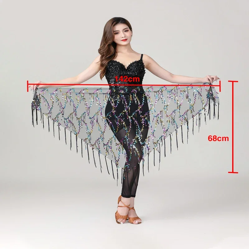 Новый стиль, шарф для танца живота с блестками и кисточками, индийские костюмы для танца живота, женский пояс для практики танца живота, треугольный шарф на бедрах