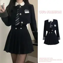 2023 korean style women slim high school uniform set long sleeve coat pleated skirt fashion three pieces women suit set s786