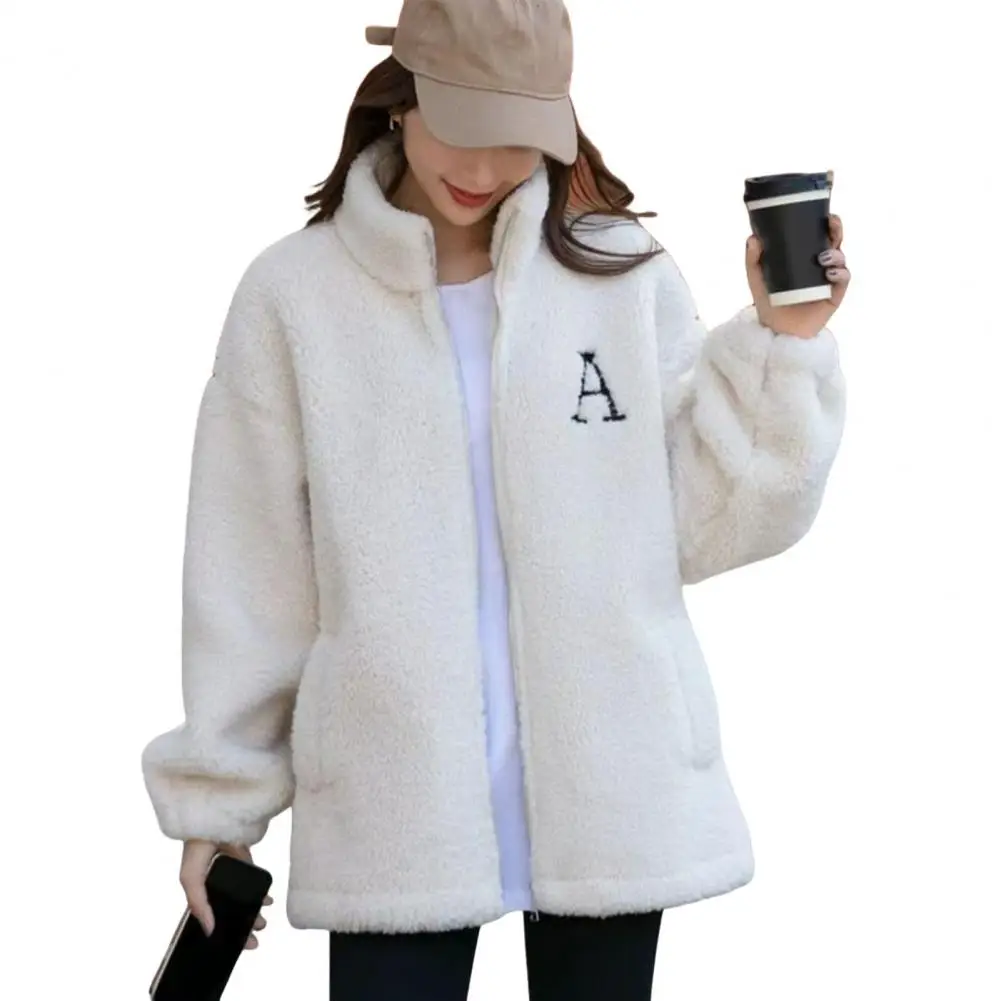 Imitation Lambswool Jacket Women Zipper Placket Sweatshirt Coat Thicken Plush Winter Jacket with Cartoon Bear Pattern for Women