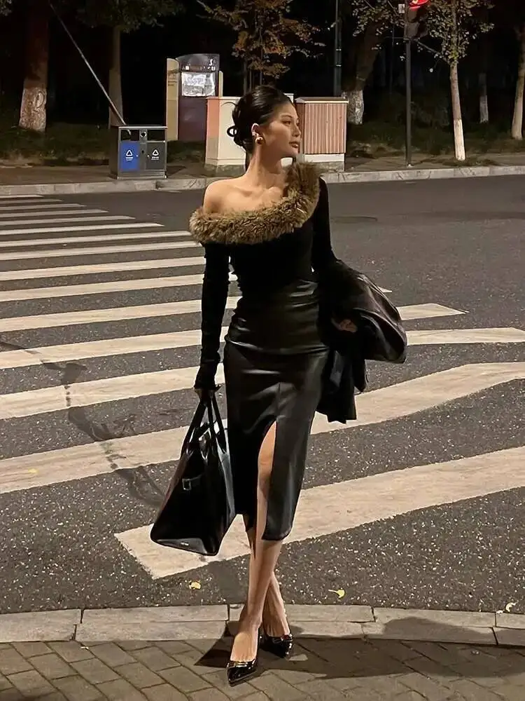 Media falda Sexy de cuero PU con abertura de un solo paso para mujer, nueva ropa informal ajustada de cintura alta, minivestido negro de PU a la moda para mujer YTM8