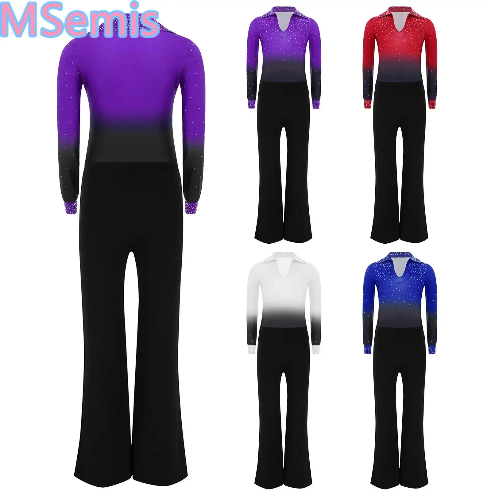 

Kids Boys Gradient Color Dance Outfits Turn-Down Collar Long Sleeve Shiny Rhinestones Leotard with Elastic Waistband Pants