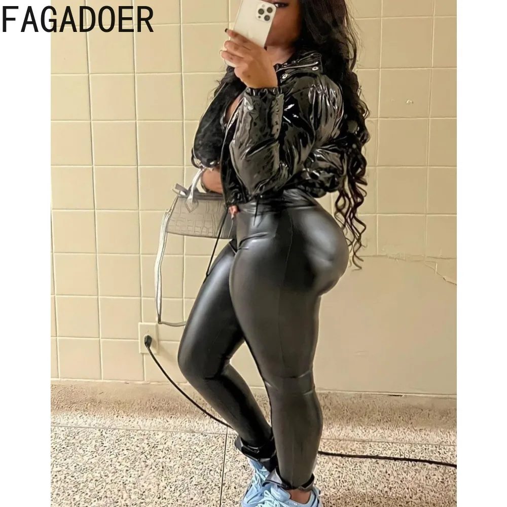 FAGADOER Black Sexy Skinny PU Leather Pants Women High Waisted Stretchy Slit Trousers Fashion Female Solid Matching Clothes 2023