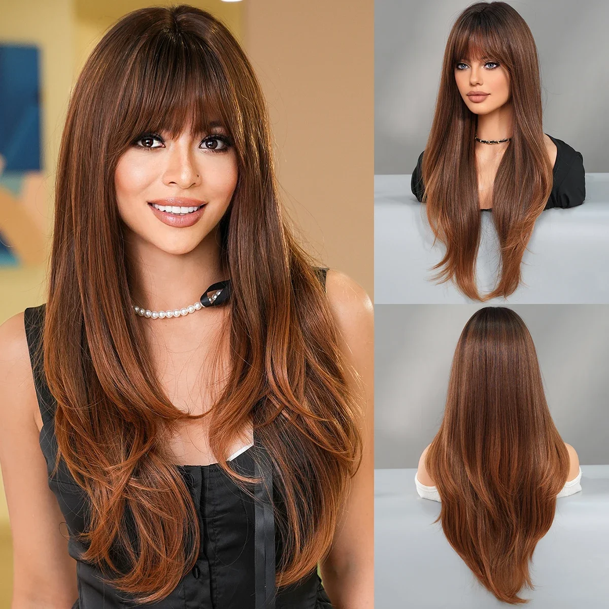 

Loose Long Body Wave Blonde Brown Neat Bangs High Density Synthetic Wavy Hair for Women Daily Wigs