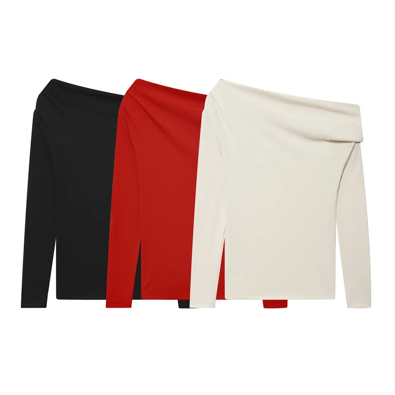 

Женский топ, осень 2024, новый стиль, однотонный, с длинным рукавом, асимметричный воротник, простой топ, повседневный, модный, универсальный