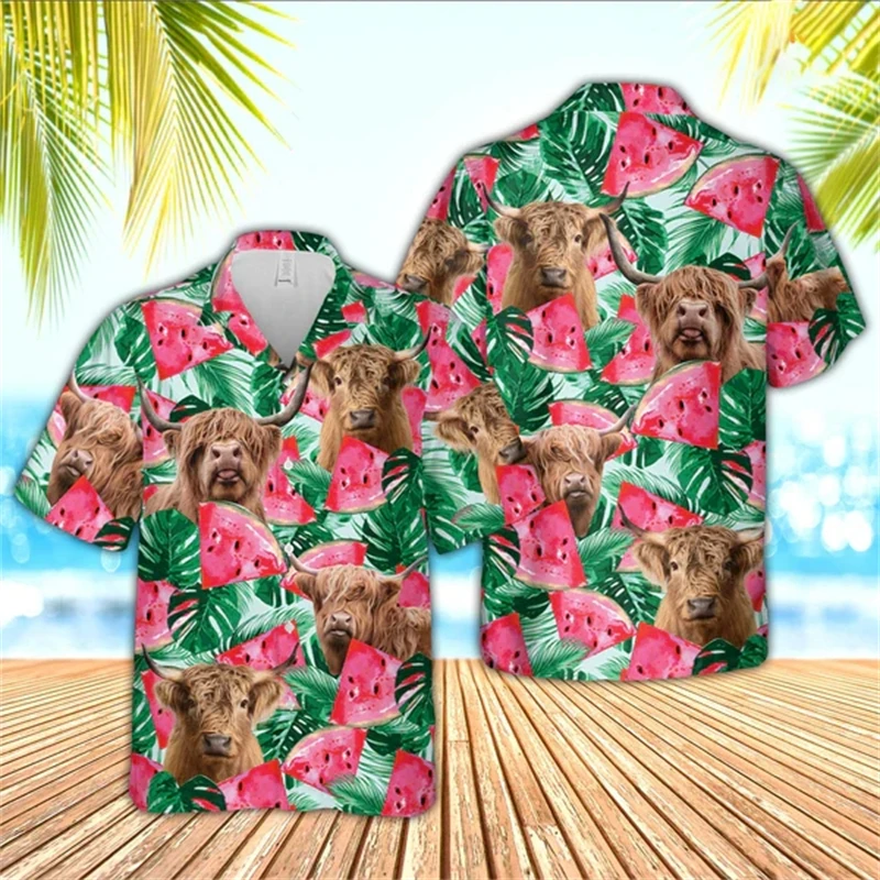 Animel-camisa con estampado 3D de vaca Hawaiana para hombre, Tops informales de manga corta con solapa de botones, alta calidad, moda de verano