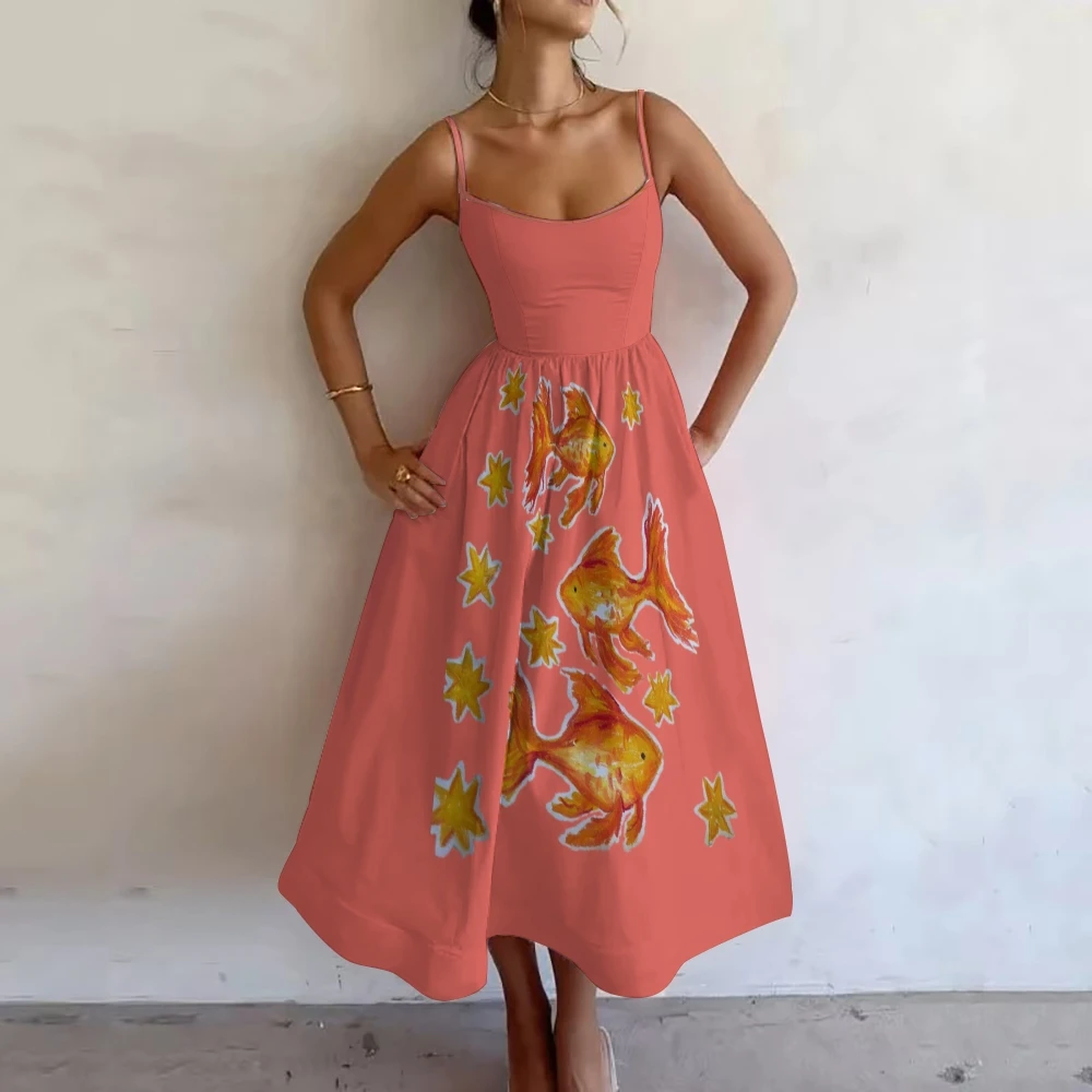 

Pink Long Dress for Women, Sexy Female Sleeveless Dress, Cute Goldfish Star Print, Trendy New Girl Traf Clothes, Party