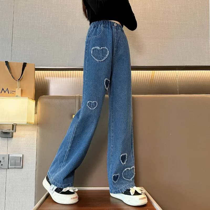 Children Clothes Jeans Denim Pants Spring and Autumn Jeans Embroidered Love Wide Leg Pants Girls Children\'s Clothing Kids Jeans