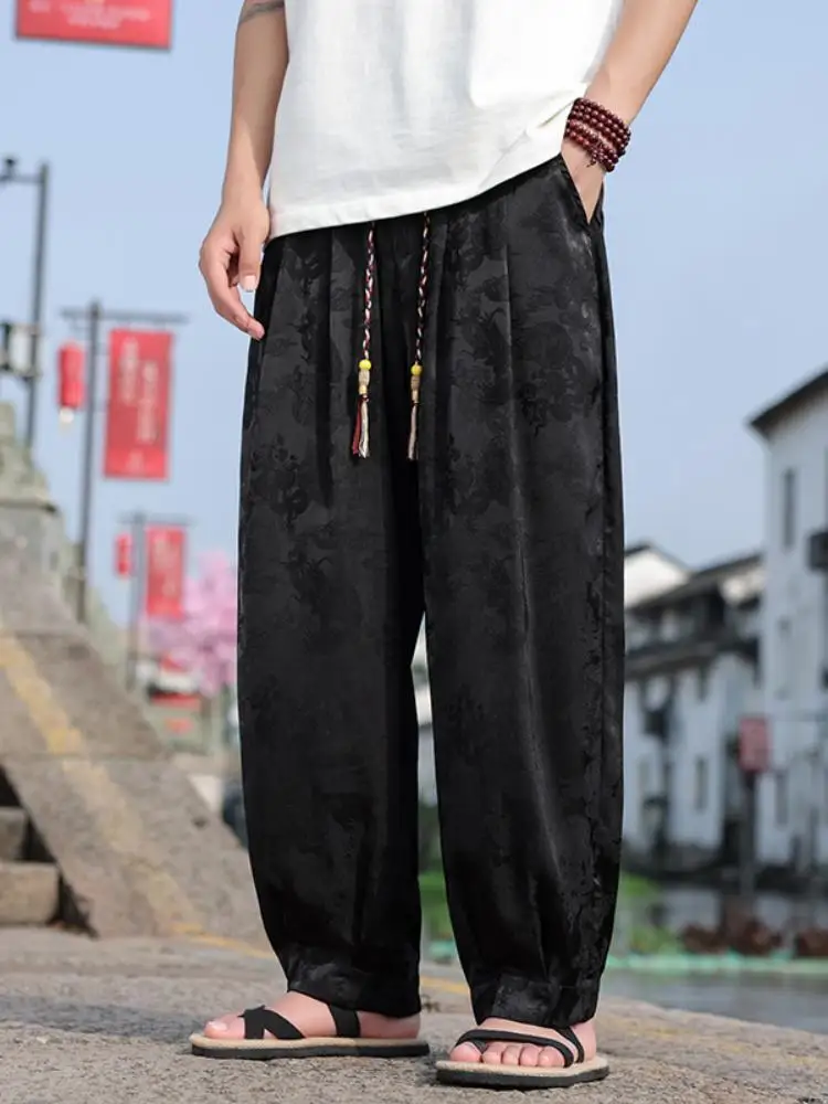 

Мужские летние тонкие быстросохнущие спортивные повседневные брюки из ледяного шелка, свободные прямые брюки с широкими штанинами, модные, свободного кроя