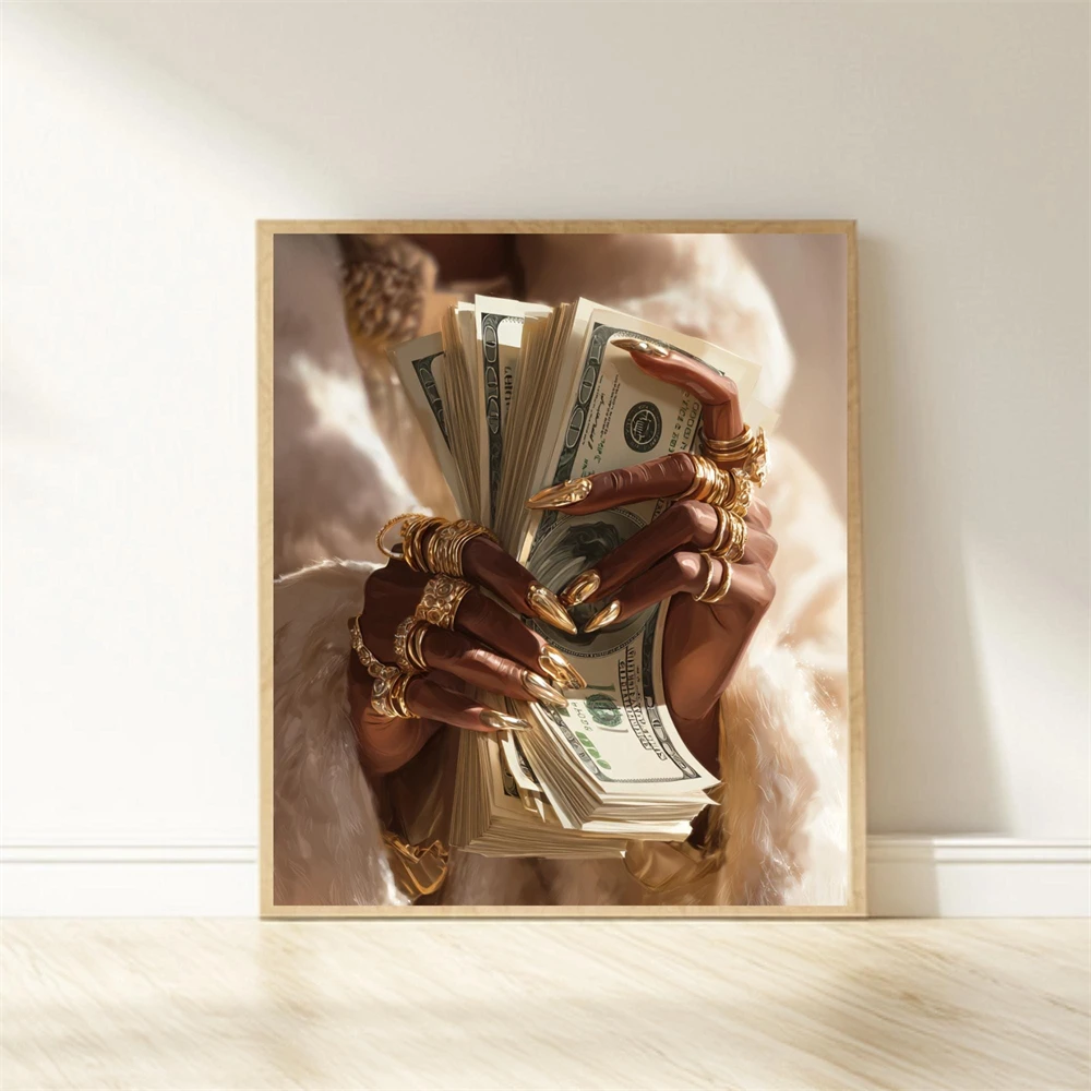 Glamouröses Gold-Schmuck-Poster mit Geldschein-Print, Schickes Wohlstands-Dekor, Luxuriöses Wohlstands-Wandkunst-Leinwandgemälde für Heim- und Raumdekoration