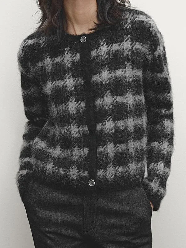 MD レディース ファッション 秋冬新作 ラウンドネック ニット アウター チェック柄 オープンカーディガン ロング丈 通勤 スタイリッシュ