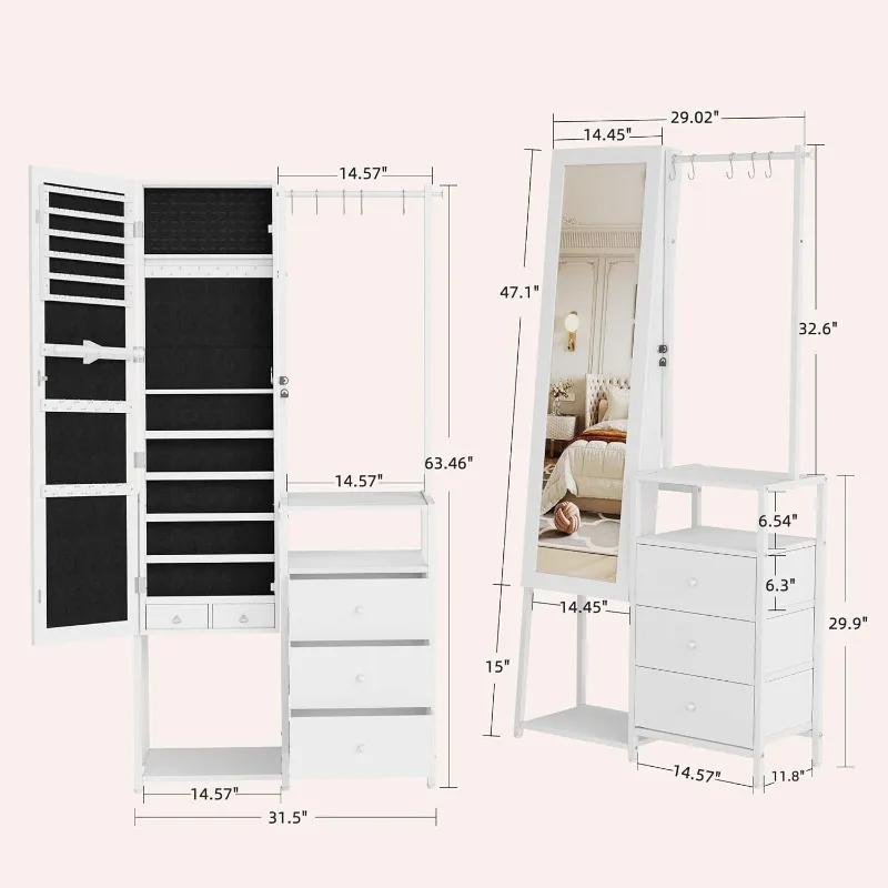 Mirror Jewelry Cabinet Lockable Wardrobe Storage Box Mirror Full Length with Storage