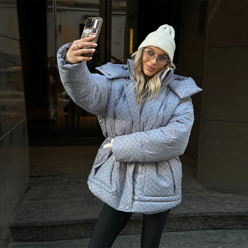 Dames bedrukte katoenen gewatteerde jas met capuchon, rits, winter, warme kleding, forens, damesjas, 2025, nieuwe modekleding voor dames