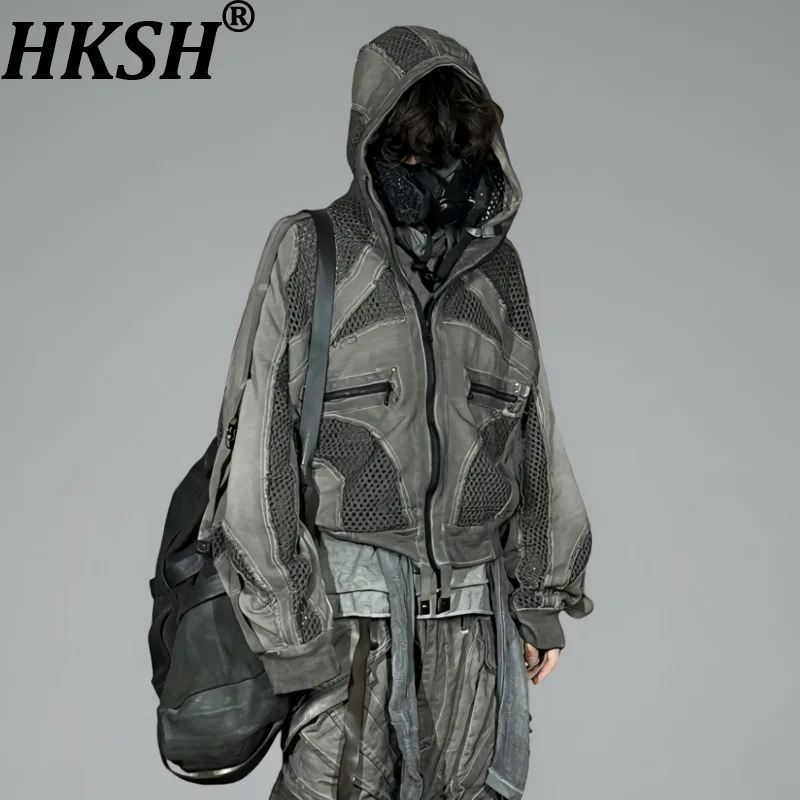 

HKSH Spring Autumn New Man Tide Punk Waste Land Chic Cotton Mesh Patchwork Dirty Dye Distressed Deconstructed Sweatshirt HK10473