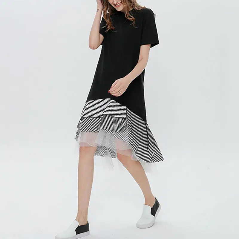Vestido de camiseta LAZADA moderno con malla y volantes, corte de cola de pez, falda de tul, cintura alta, línea A, manga corta y cuello redondo.