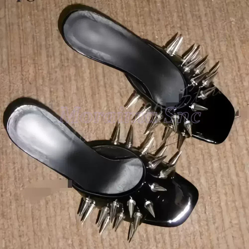 

Sexy Rivets Square Toe Slippers Patent Leather Stiletto High Heel Slip On Fashion Women's Slides Black Solid Summer Shoes 2025