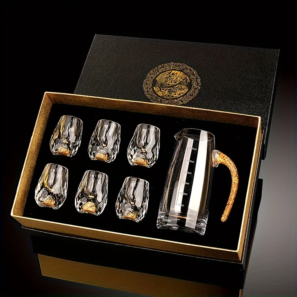 

Luxury Mirror Golden Foil Drinkware Set, 1 Decanter 6 Glasses Combo, Premium Black Gift Box, Crystal Diamond Texture Design, Hig