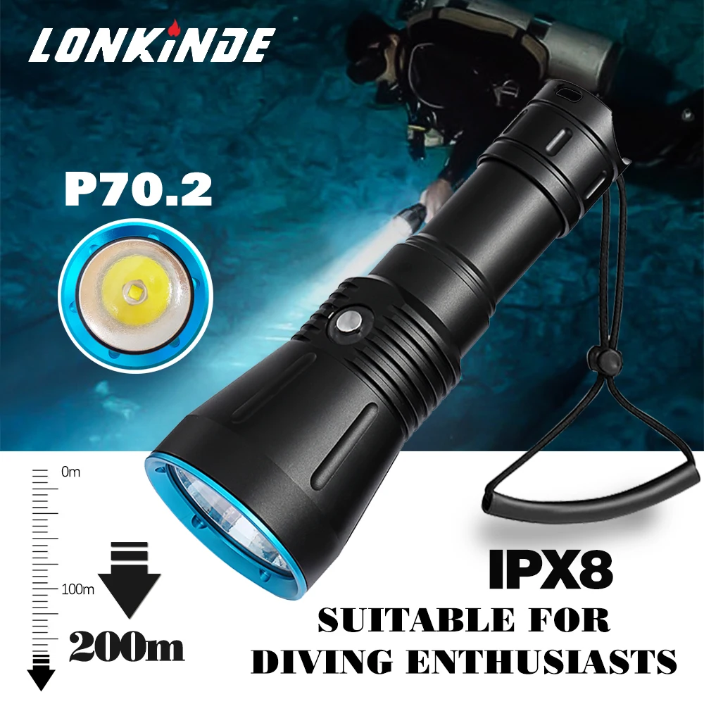 

New Powerful IPX8 Waterproof Scuba Diving Flashlight XHP70.2 Light 8000LM Underwater 200m Tactical Dive Torch use 26650 Battery