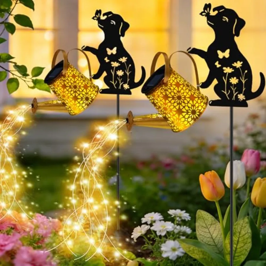 

Solar Watering Can Lights Outdoor with Dog Silhouette Stake, Garden Gifts for Mom, Women and Garden Lovers Waterproof Metal Gar