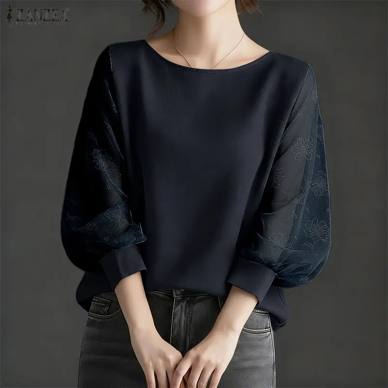 ZANZEA Bluzki damskie z szyfonu w kwiatowy wzór, z rękawami typu lampion, patchworkowe, codzienne bluzki z dekoltem w łódkę, wiosenno-letnie ubrania damskie, bluzki