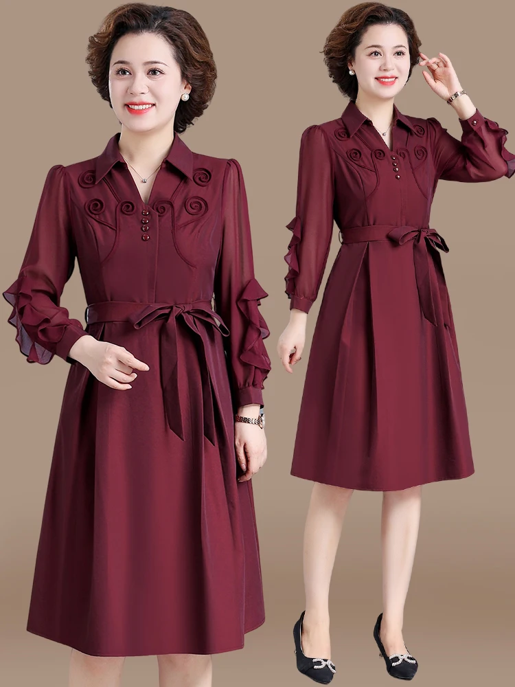 

Модное осеннее платье для свадебного торжества, наряд для свекрови, юбка миди с поясом, из полиэстеровой смеси, удобная посадка