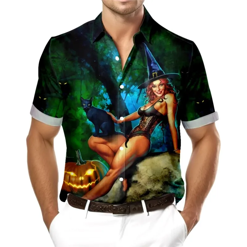 

Halloween Pumpkins Witch Print Chest Pocket Hawaiian Shirt Casual Daily Short Sleeve Shirt Clothing Tops