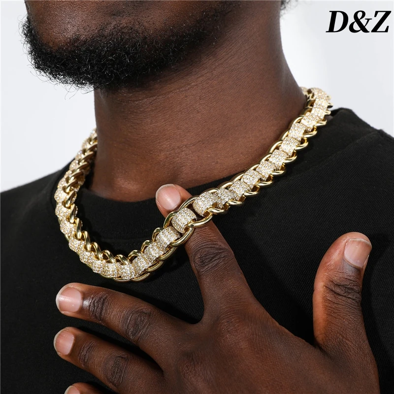 D&Z Hip Pop Luxury 15MM Hollow Circle Cuban Chain Bracelet For Men Women Gold-Plated Brass Iced Out CZ Stones Charm Jewelry Gift