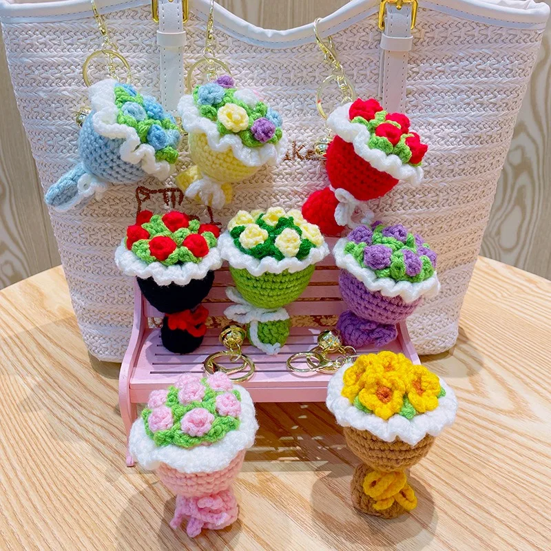 Cute Crochet Bouquet Keychain Handmade Finished DIY Flower Bag Pendant Hanging Car Key Ring Lover Valentine's Day Small Gifts