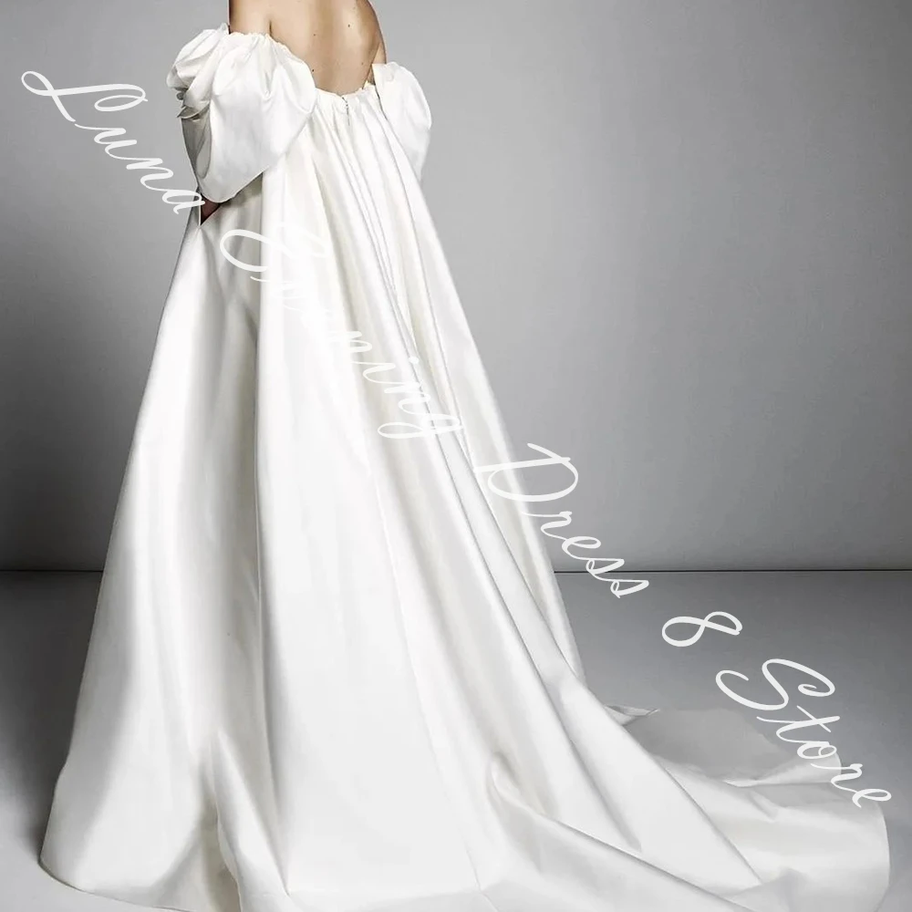 Customized Satin A-Line Off the Shoulder Flowers Evening Dress Strapless Floor Length 3/4 Sleeves White Panel Train Fashion