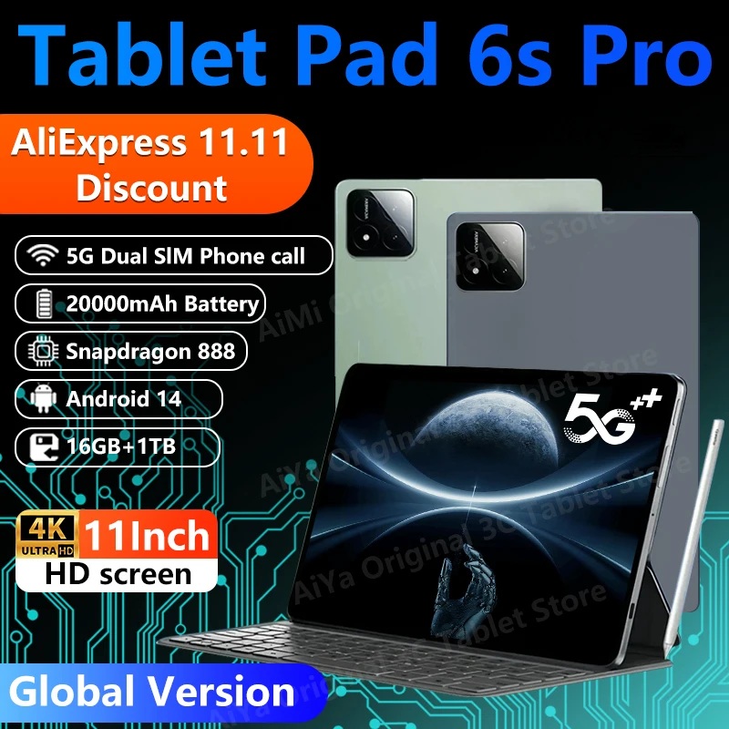 2024 Tablet PC Original Pad 6S Pro Android 14 Snapdragon888 11inch  HD 4K 16GB+1T 20000mAh 5G Dual SIM Bluetooth WiFi GPS Tablet