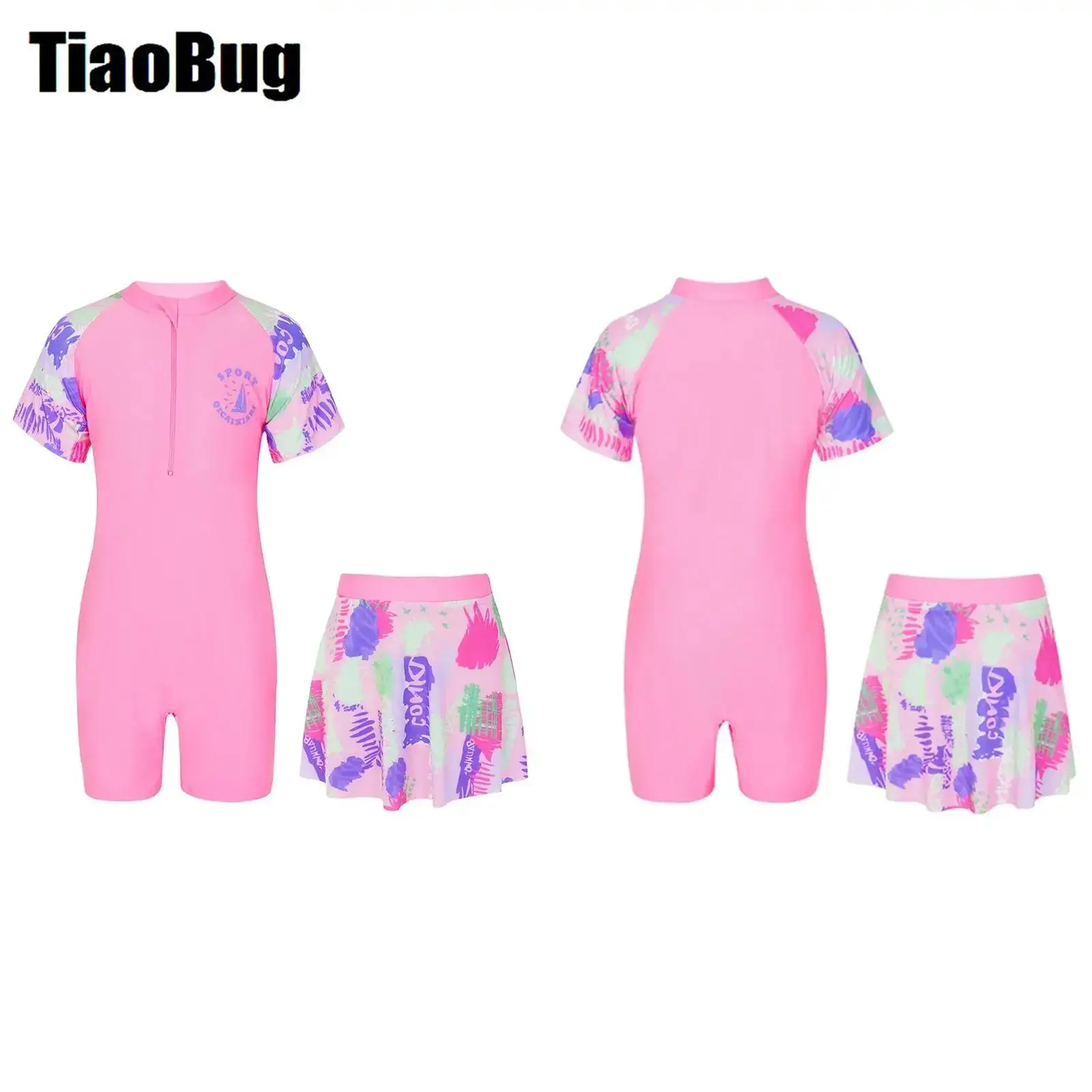 Kids Girls Cartoon Graffiti Print Swimsuit Zipper Closure Patchwork Short Swimming Jumpsuit with Skirt Beach Bathing Swimwear