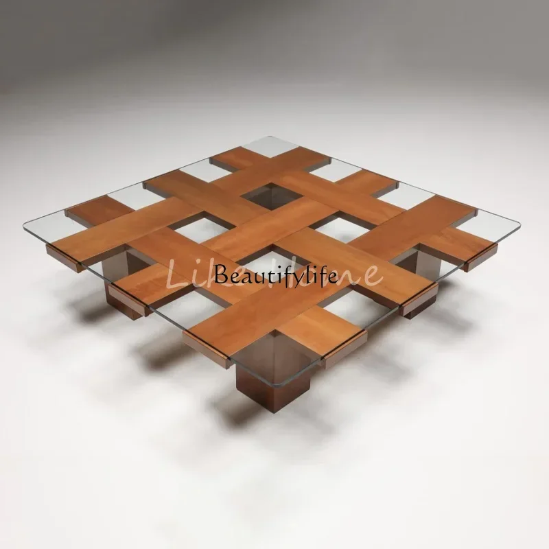 

Medieval style solid wood square glass coffee table French retro designer high sense home coffee table art