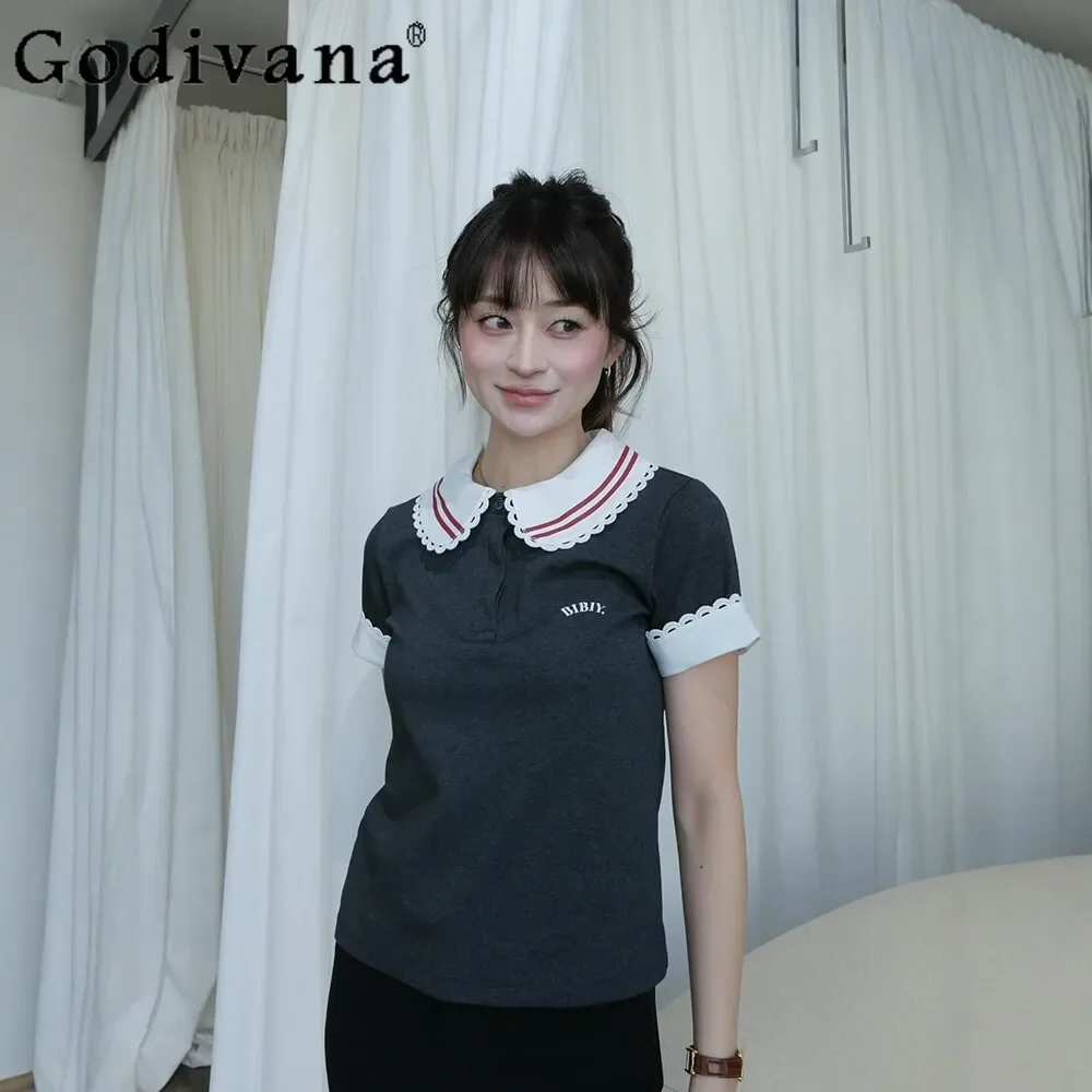 Japanese Sweet Casual Women's Short Sleeve Top Removable Lapel Splicing Letter Embroidered Cute T-Shirt Summer New Female Shirt