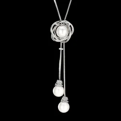 New Rhinestone Circle Long Tassel Necklace For Women Pearl Pendant Silver Color Adjustable Sweater Chain Necklaces Jewelry