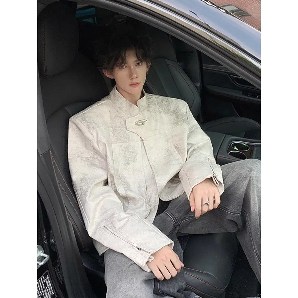 

Retro American oulder Padded Stand Collar Leather Jaet Men's ort Sle White PU Biker Coat Spring Casual Loose Fit