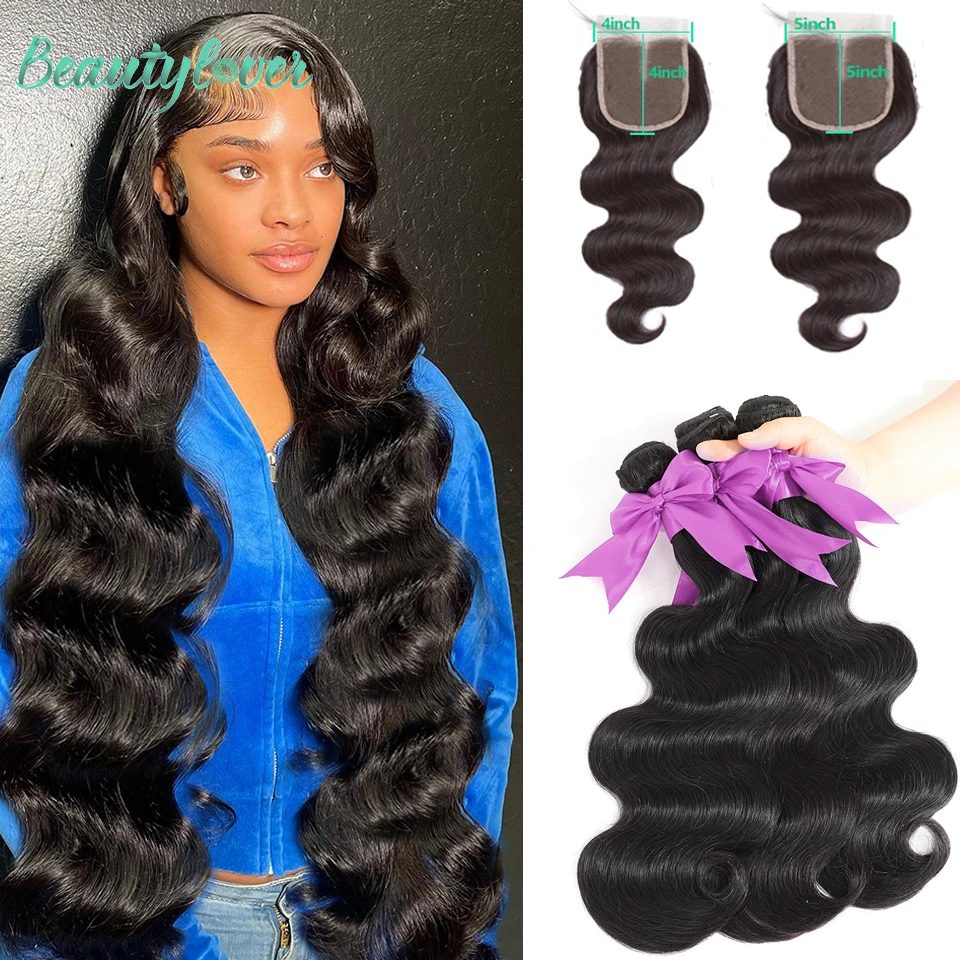 

10-32 Inch Body Wave Bundles Human Hair Bundles With Closure 12-24 Inch 4x4 5x5 Transparent Lace Closure Remy Hair Extensions