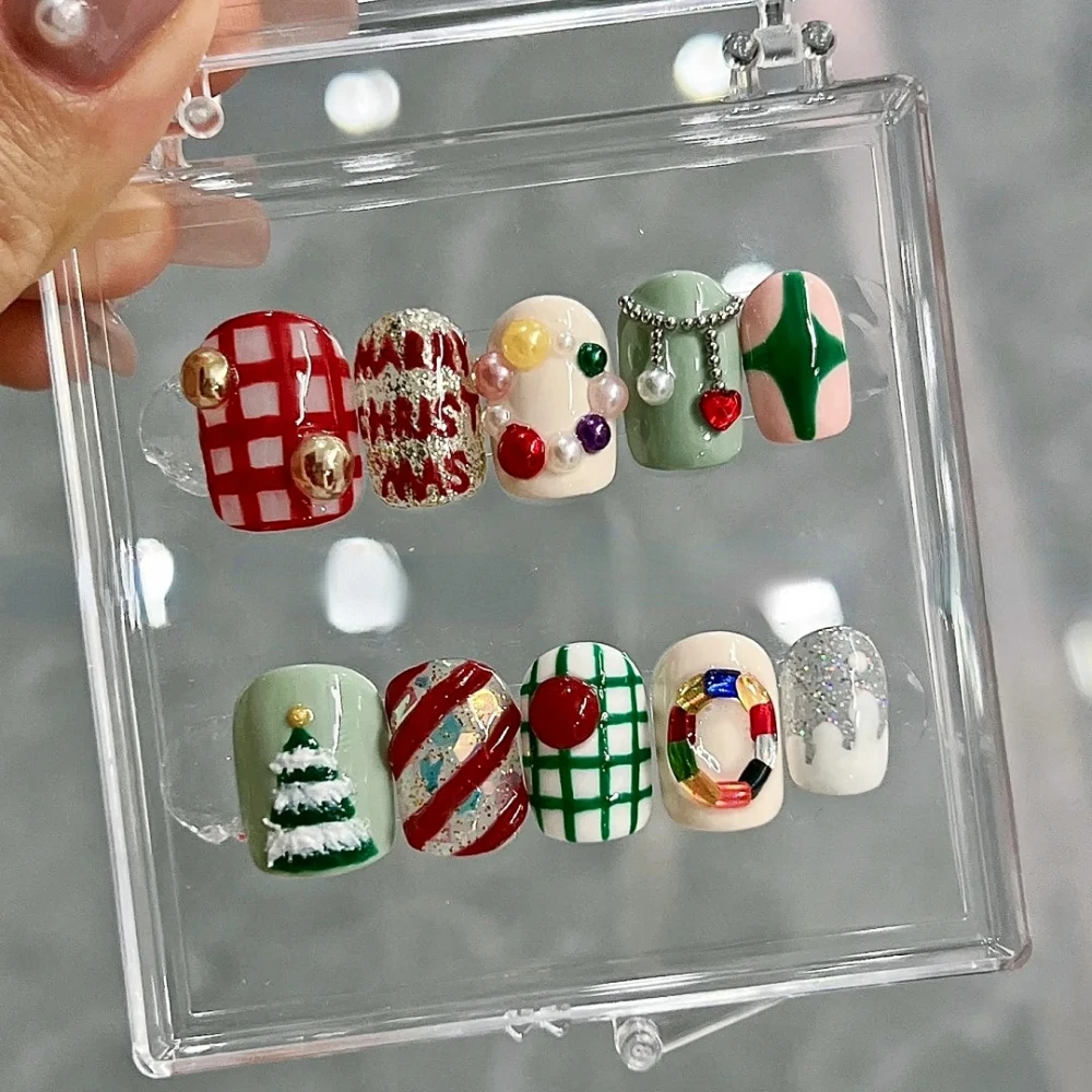 10 Stuks Handgemaakte Pers Op Nagels Kerst Nieuwjaar Nagel Schattige 3d Limited Medium Kist Nep Nagels Design Art Diy Nagels Met Set