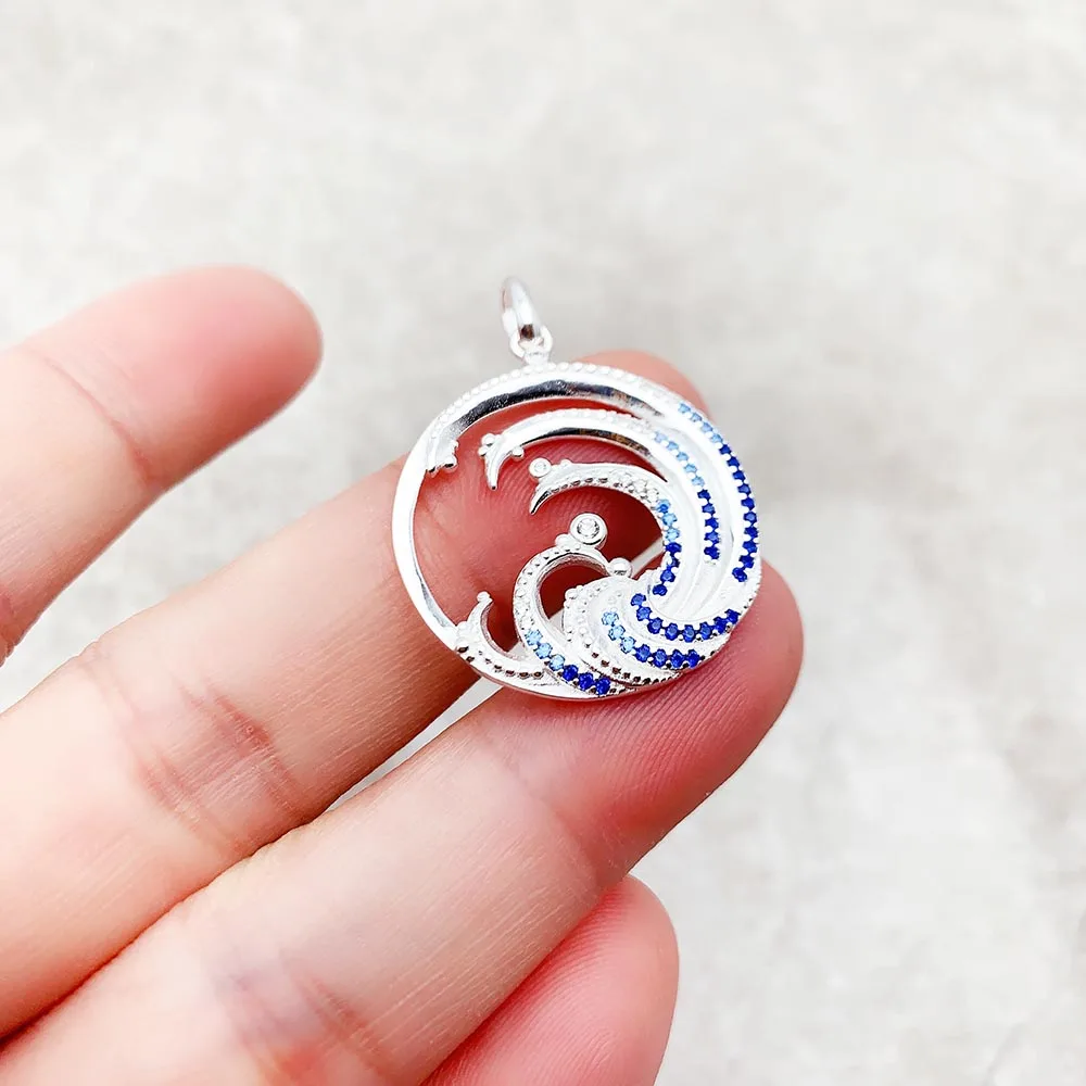 Wave With Blue Stone Pendants New Expressive Jewelry Pure 925 Sterling Silver Accessories Ocean Gift For Women