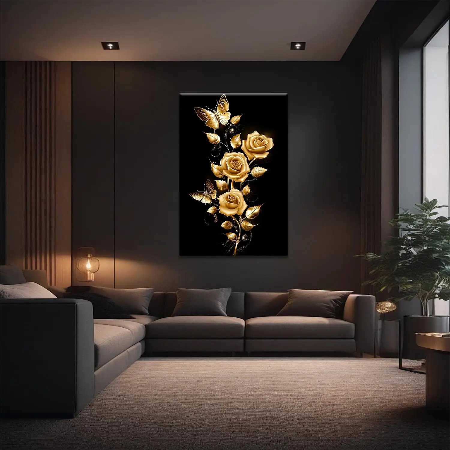 

Rose Canvas Wall Art Black and Golden Floral Pictures Flowers painting Wall Decor No Framed for Home Bedroom